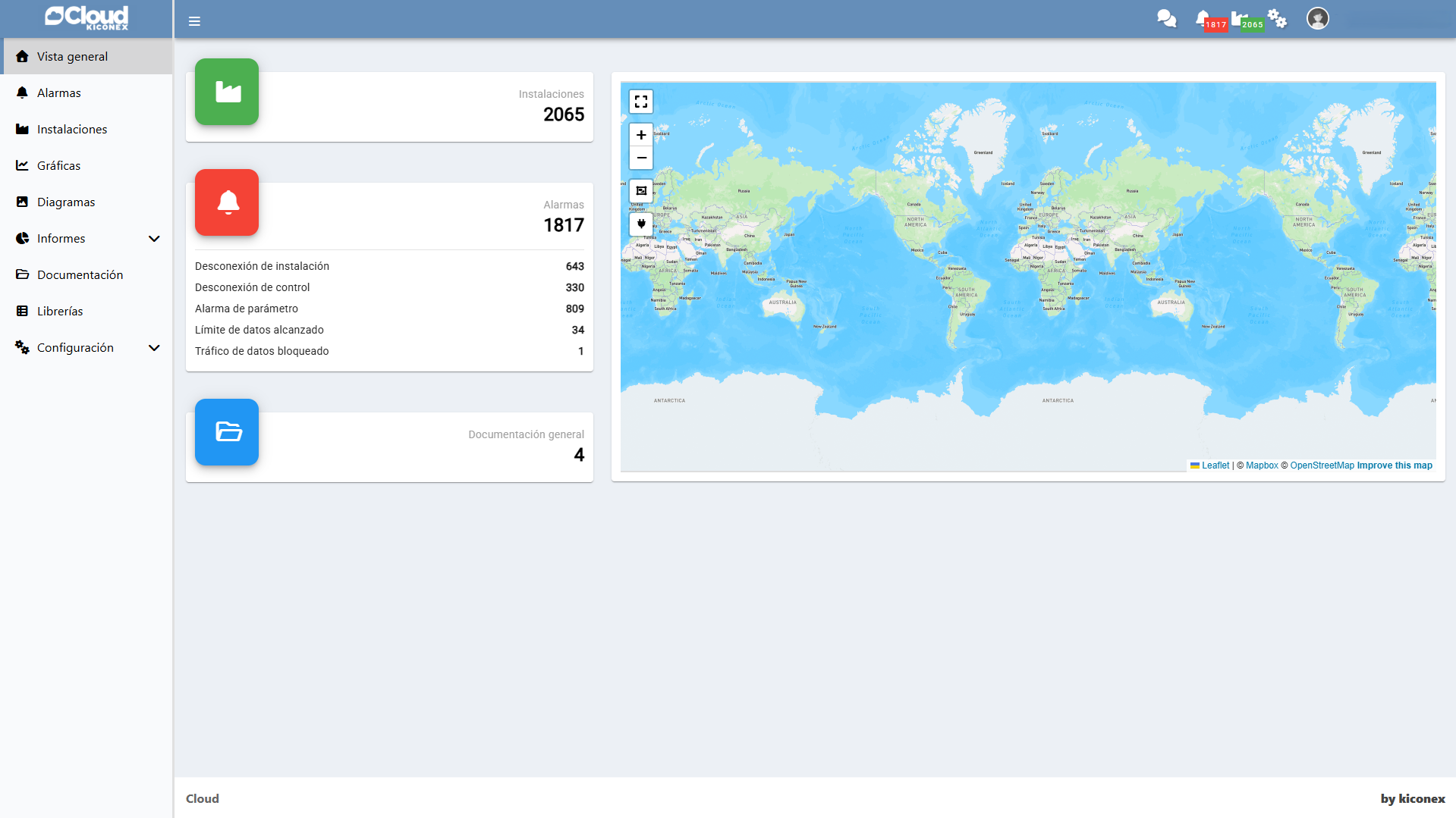 Dashboard de Cloud kiconex: 2074 instalaciones supervisadas y mapa mundial.